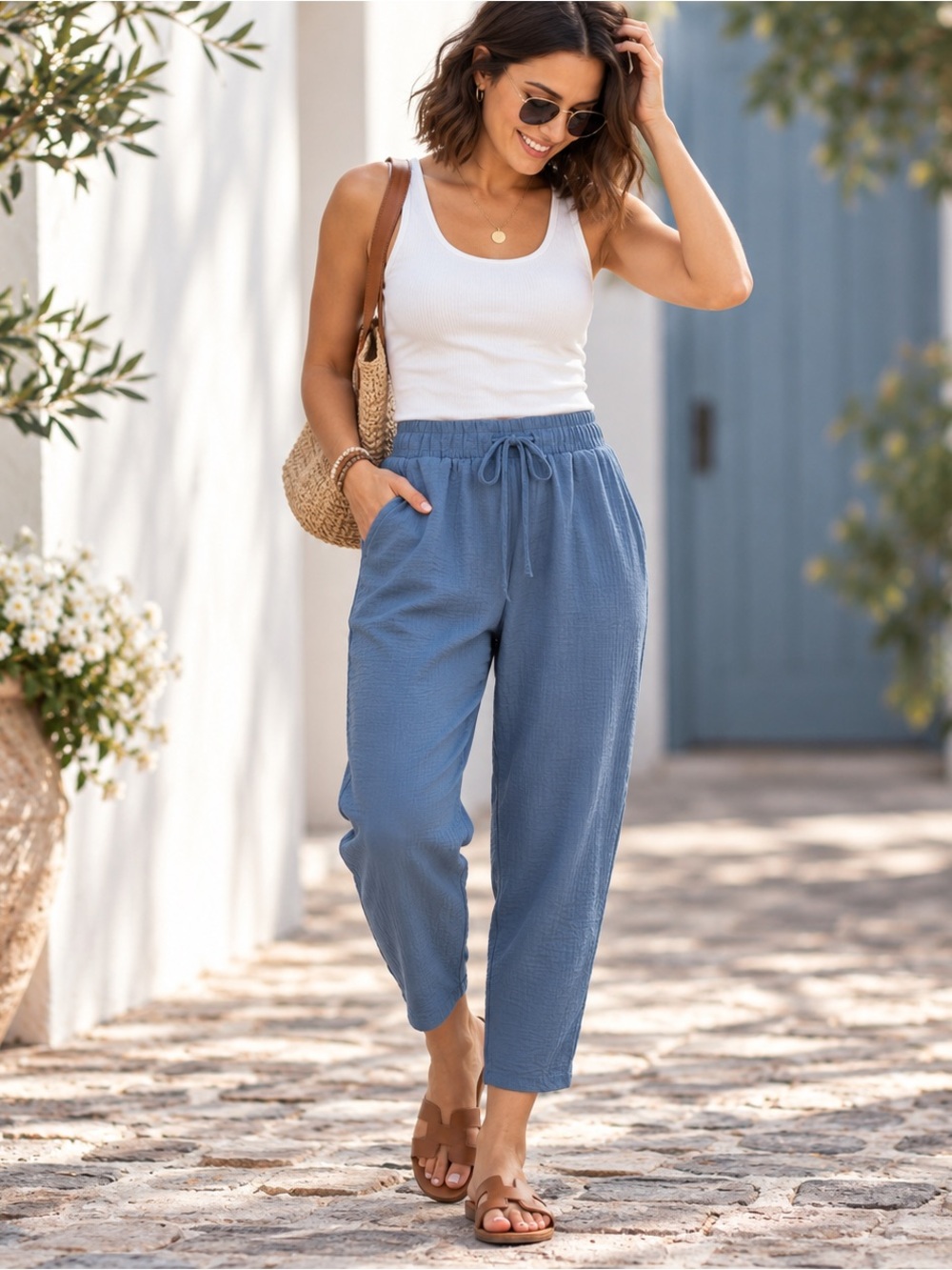 Zenana Woven Crepe Elastic Band Drawstring Waist Casual Pants Dusty Blue Small